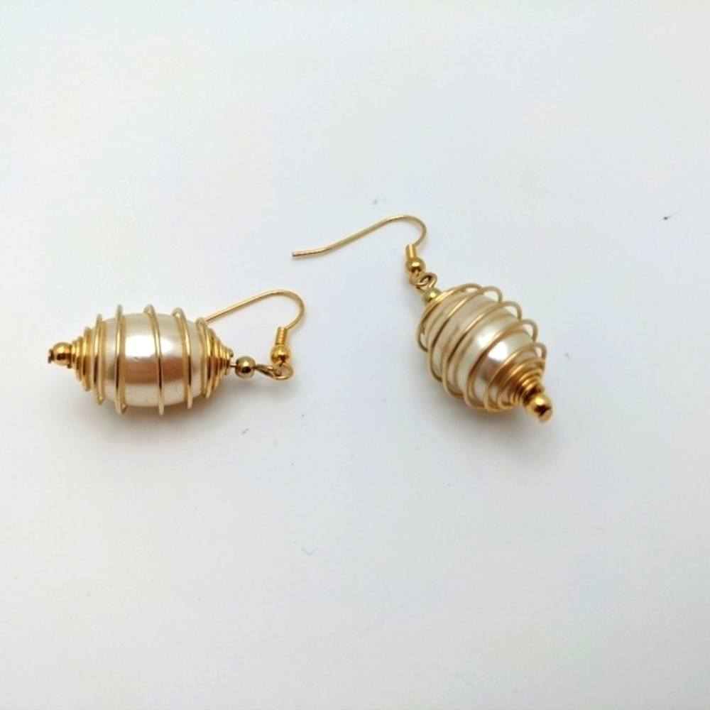 Gold Wire Wrapped Oversized Pearl Earrings